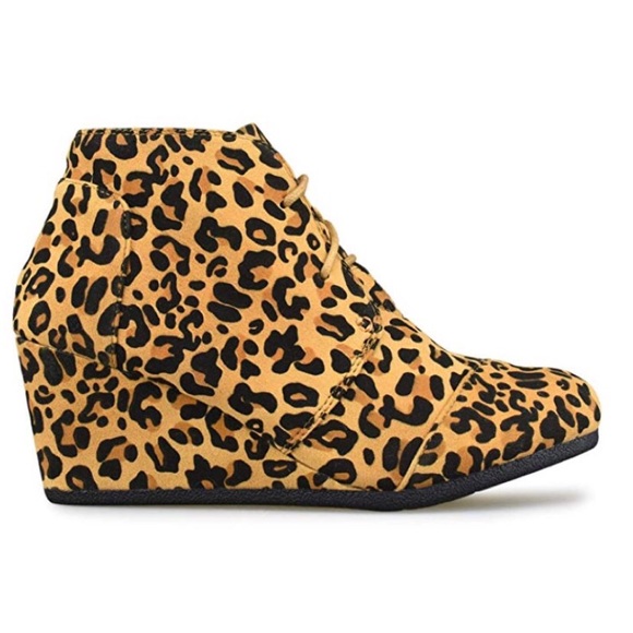 Tan Leopard Lace Up Wedge Booties - Picture 2 of 7